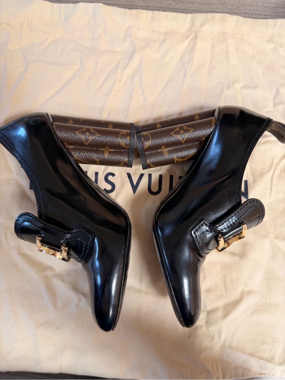 Louis Vuitton Black Patent Leather Heeled Loafers with Gold LV Hardware - Picture 3 of 14